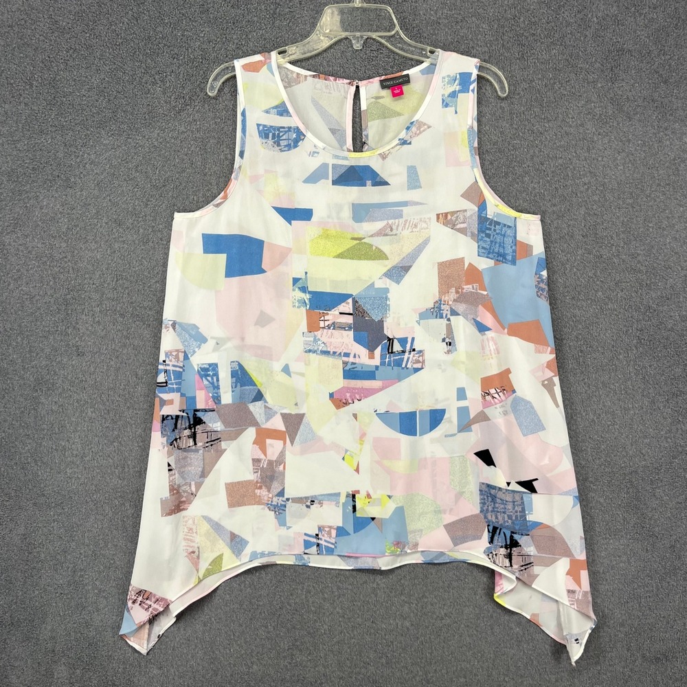 Vince Camuto Blouse Womens Large Multicolor Geometric Sharkbite Hem Abstract Top